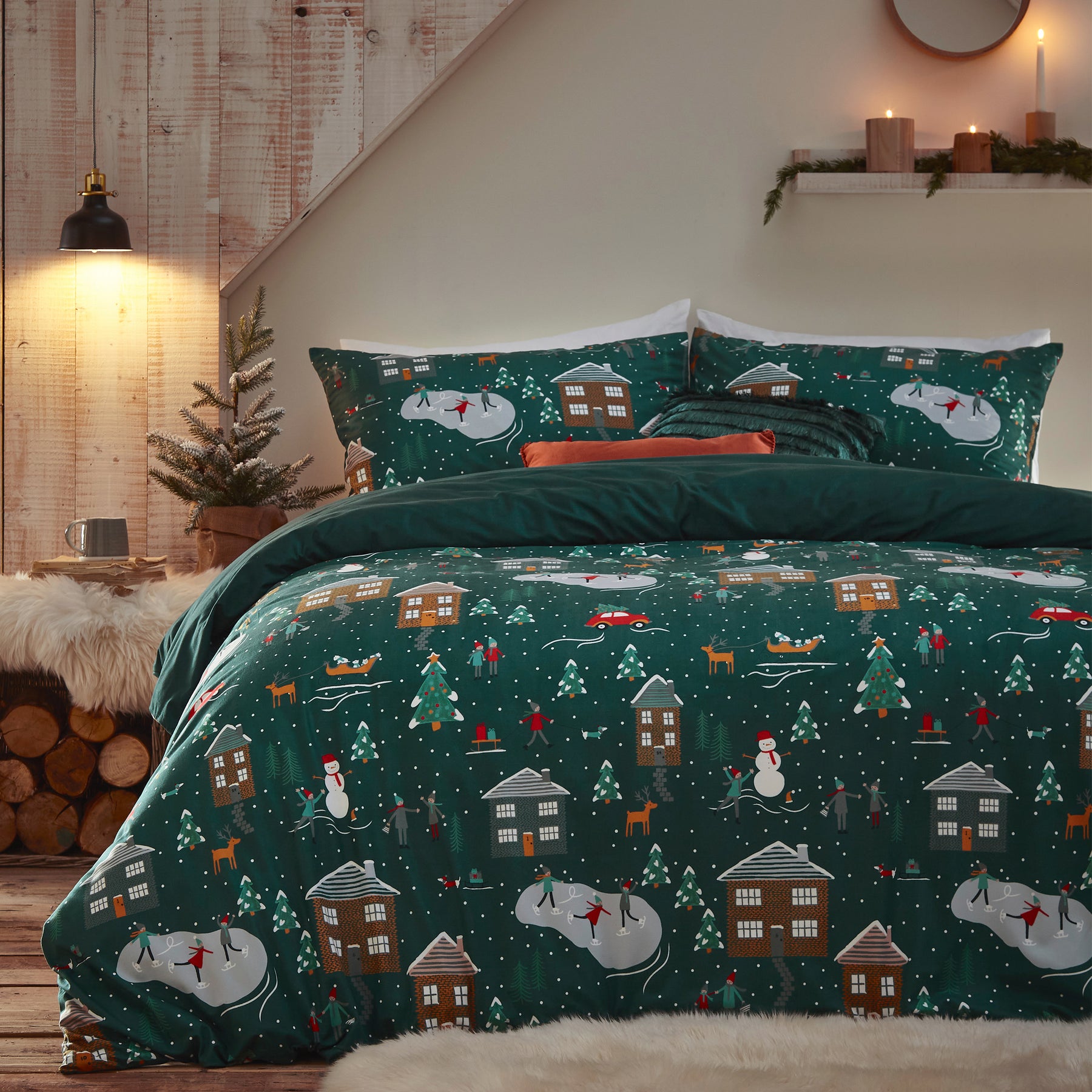 Furn Winter Pines Pyjama Fleece Single Duvet Cover Bedding Set Pine Green