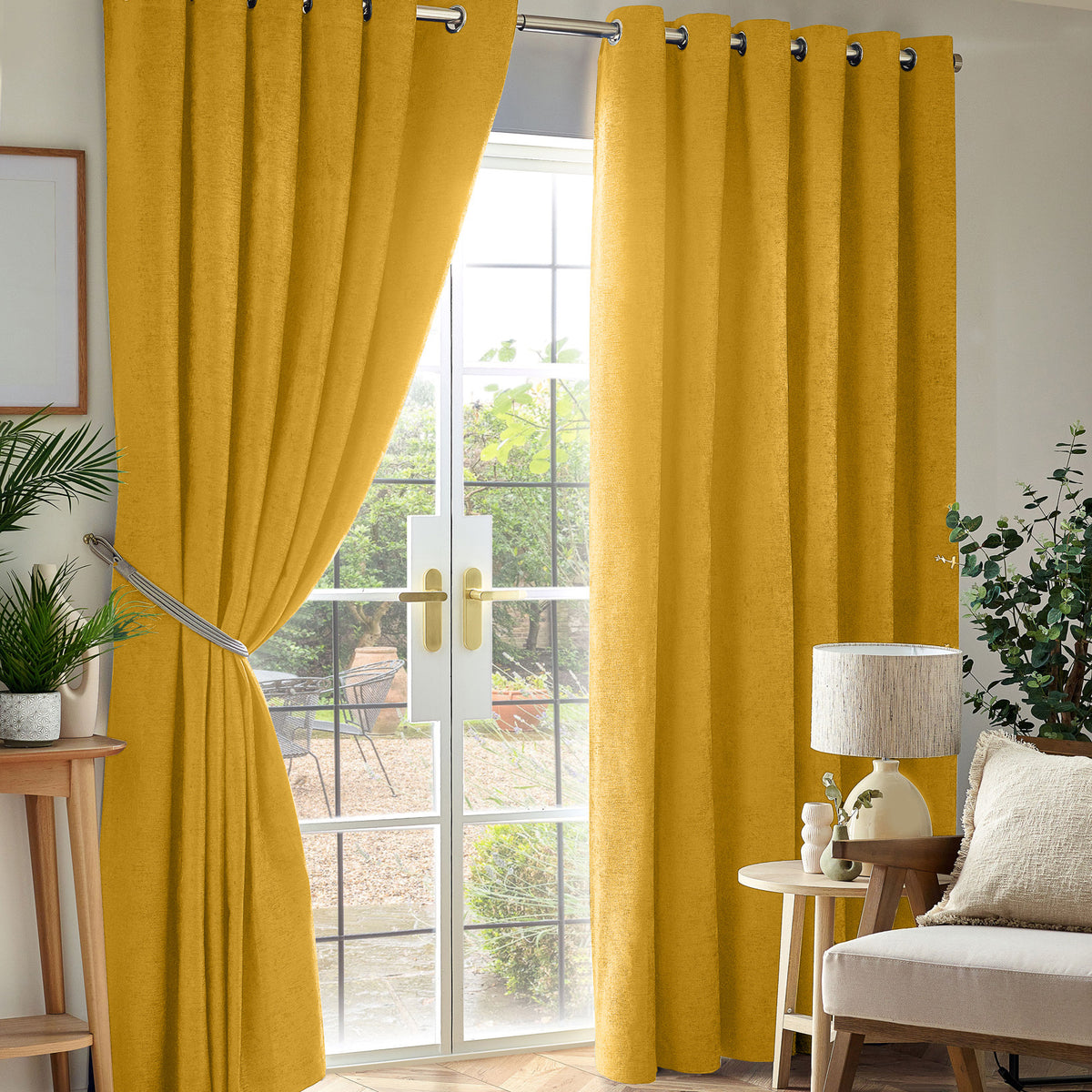Chenille Triple Woven Ready Made Eyelet Blackout Curtains Ochre