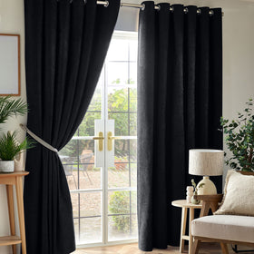 Chenille Triple Woven Ready Made Eyelet Blackout Curtains Black