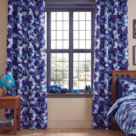 Camouflage Blue Ready Made Pencil Pleat Curtains 66 x 72