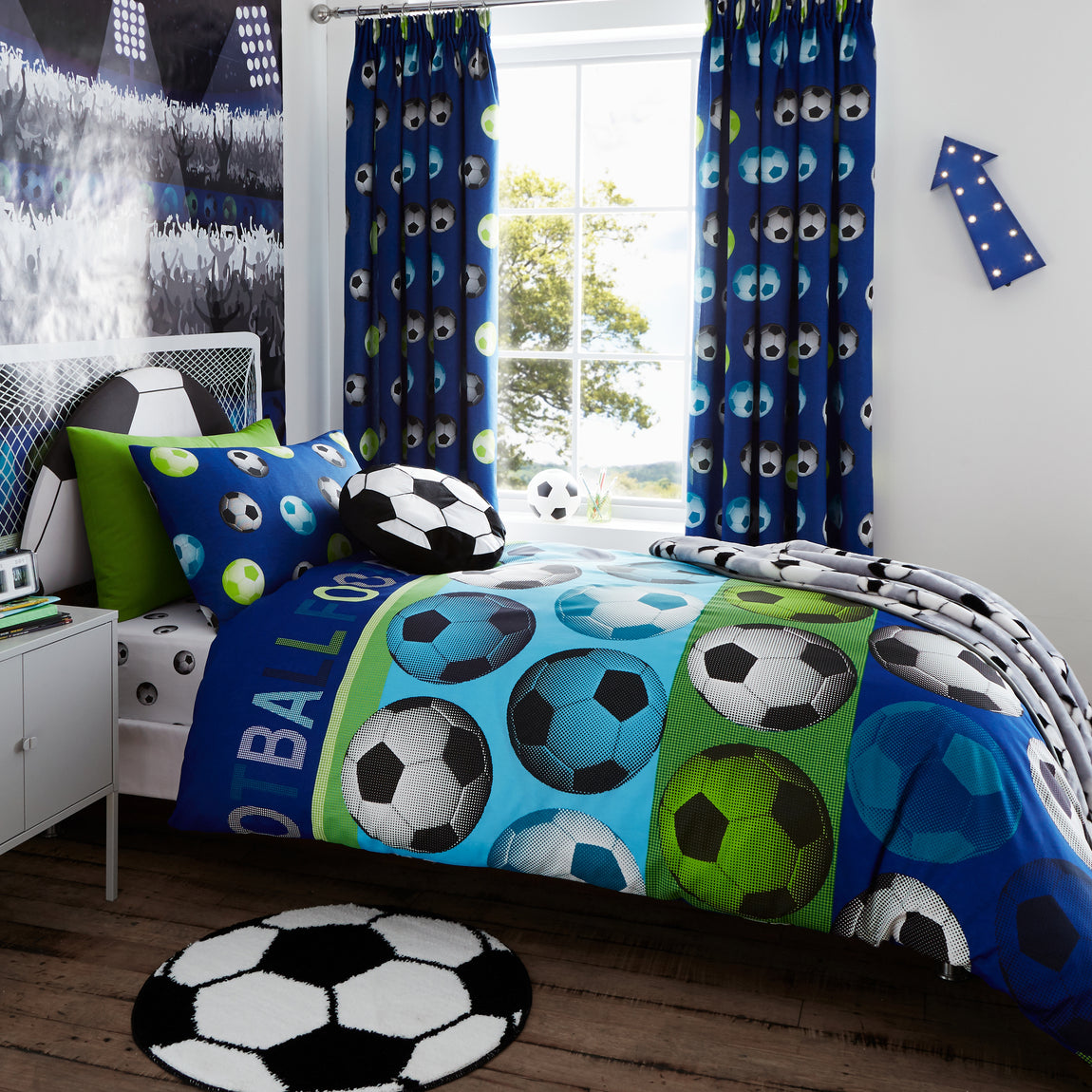 Catherine Lansfield Football Ready Made Pencil Pleat Curtains 66 x 72 Blue