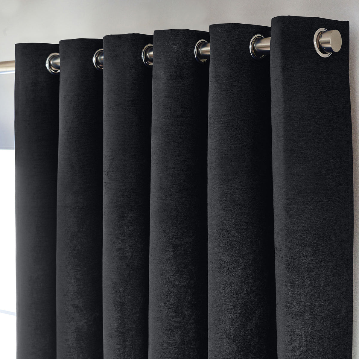 Chenille Triple Woven Ready Made Eyelet Blackout Curtains Black