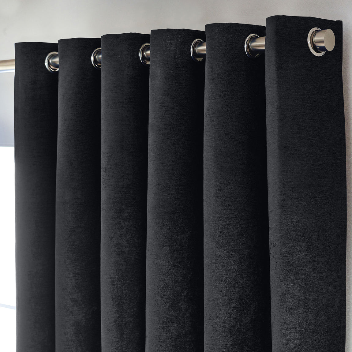 Chenille Triple Woven Ready Made Eyelet Blackout Curtains Black