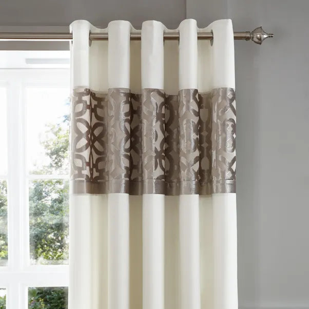 Catherine Lansfield Lattice Cut Velvet Ready Made Eyelet Curtains 66'' x 72'' Natural