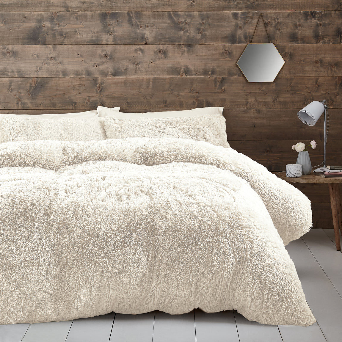 Catherine Lansfield Cuddly Deep Pile Faux Fur Duvet Cover Bedding Set Cream