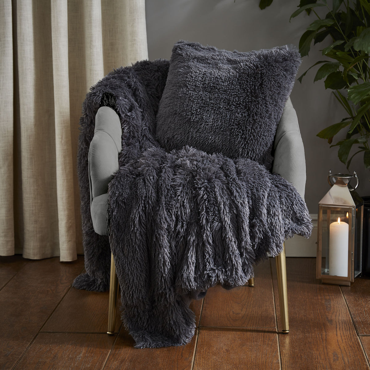 Catherine Lansfield Cuddly Faux Fur Filled Cushion 45cm x 45cm Charcoal