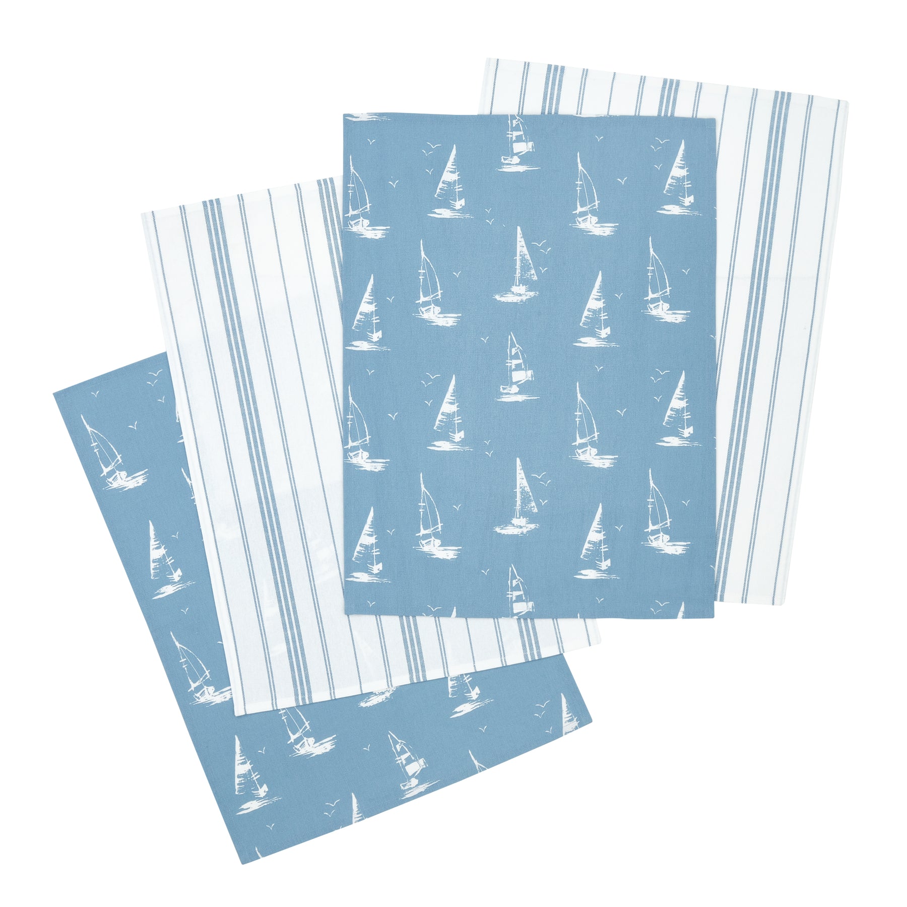 Catherine Lansfield Salcombe Boats Four Tea Towels Blue