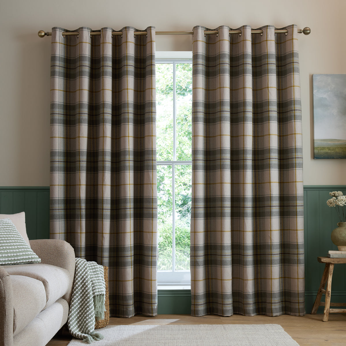 Catherine Lansfield Brushed Woven Glencoe Check Ready Made Eyelet Curtains Green