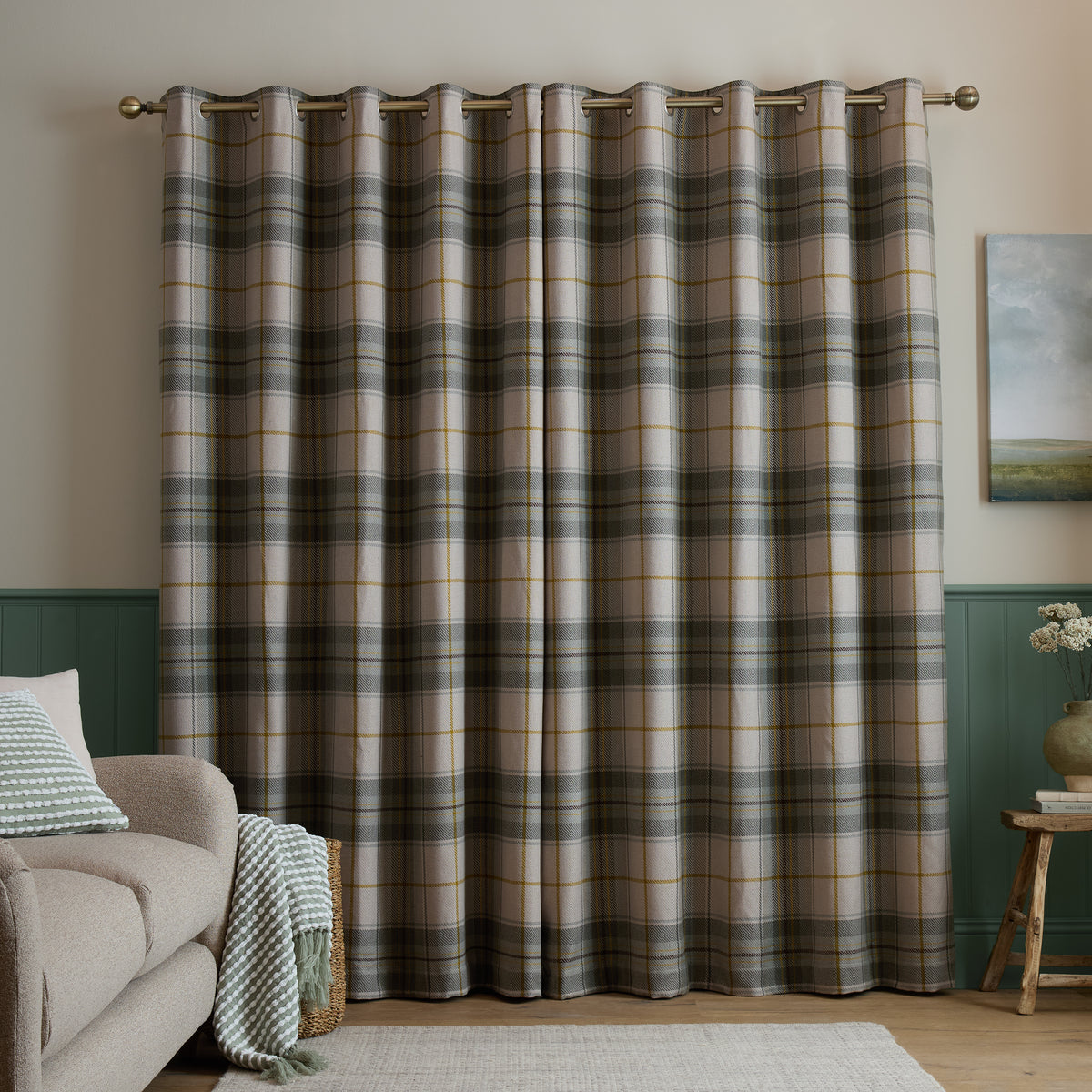 Catherine Lansfield Brushed Woven Glencoe Check Ready Made Eyelet Curtains Green