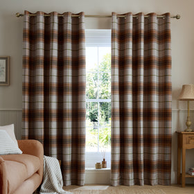 Catherine Lansfield Brushed Woven Glencoe Check Ready Made Eyelet Curtains Terracotta