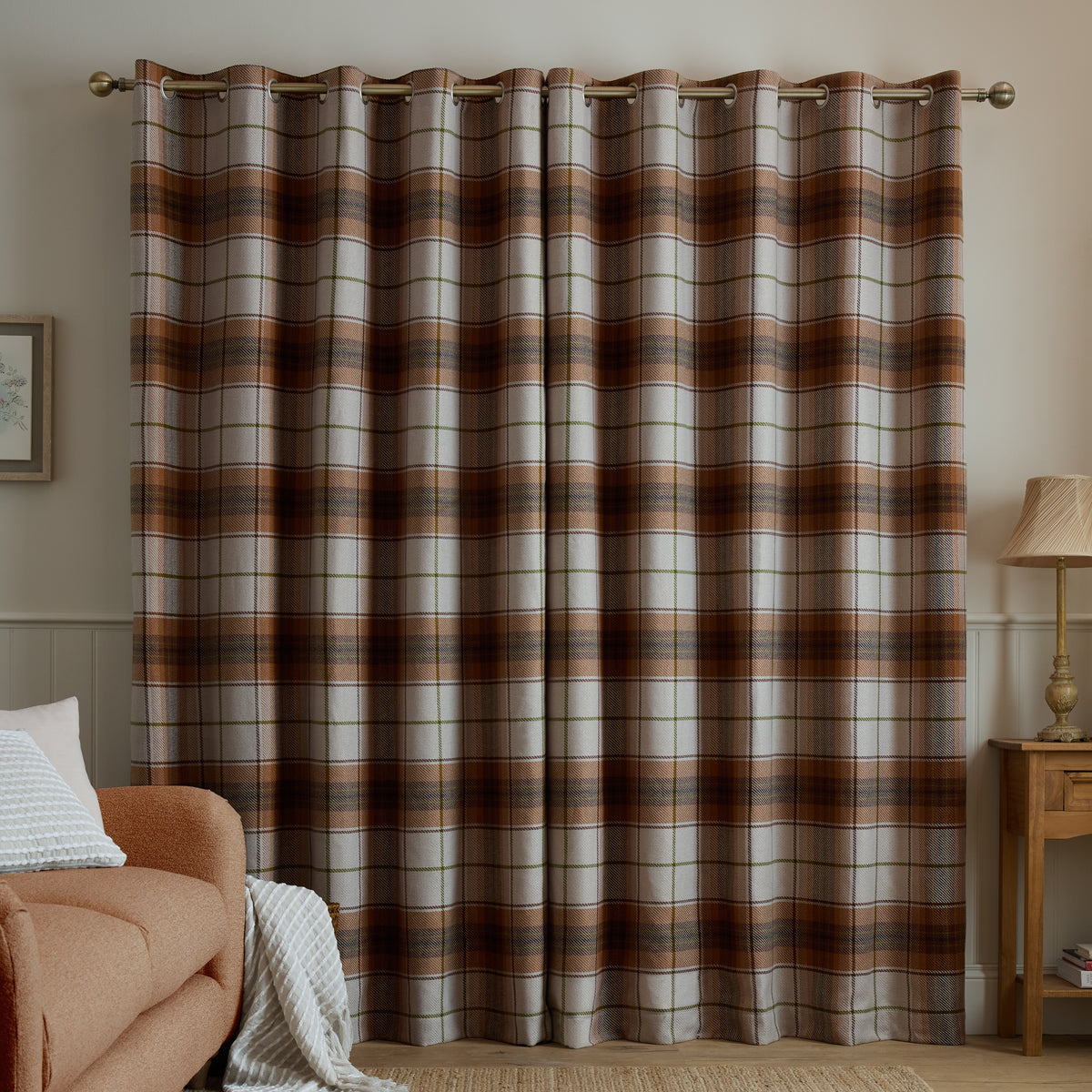 Catherine Lansfield Brushed Woven Glencoe Check Ready Made Eyelet Curtains Terracotta