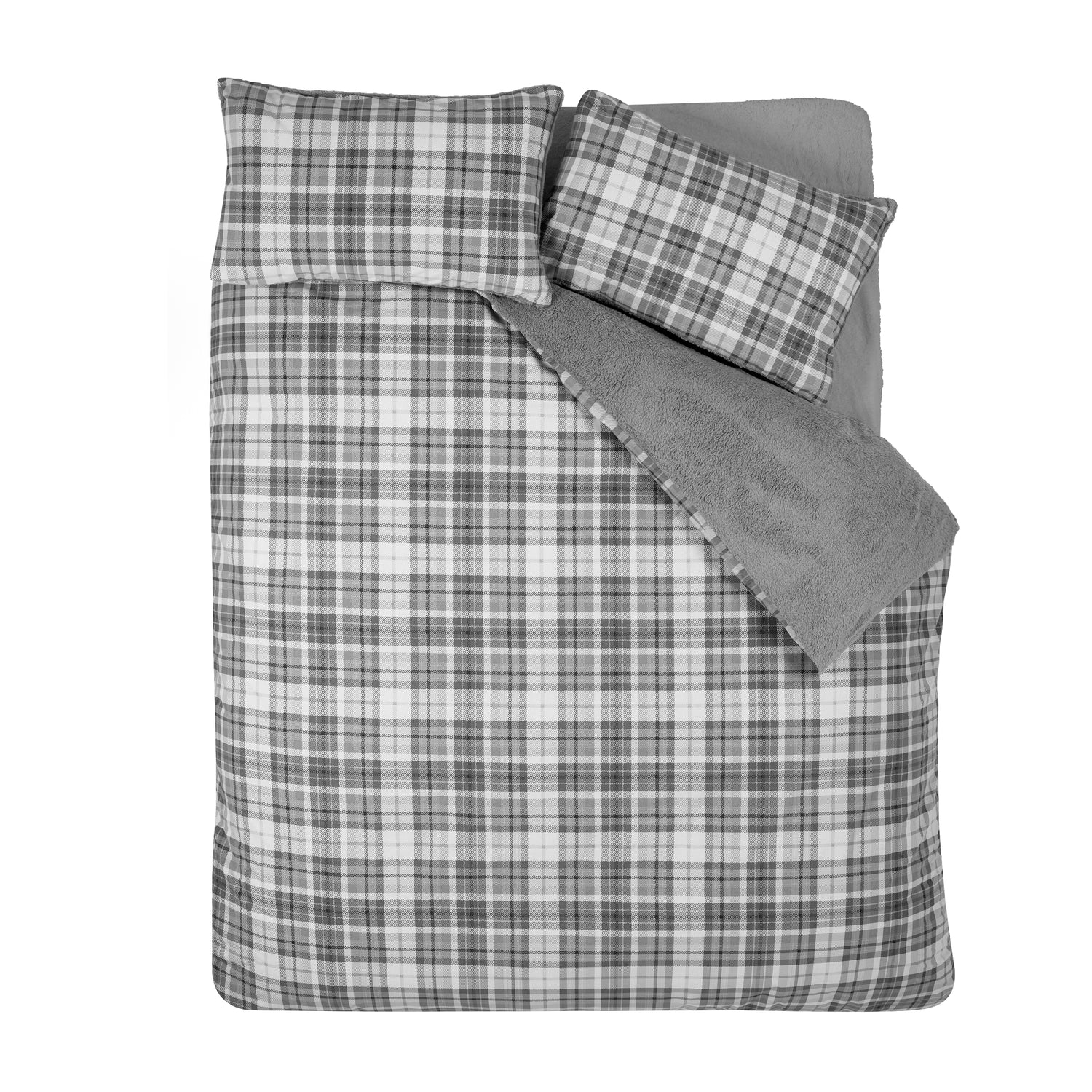 Catherine Lansfield Cosy Sherpa Check Duvet Cover Bedding Set Grey