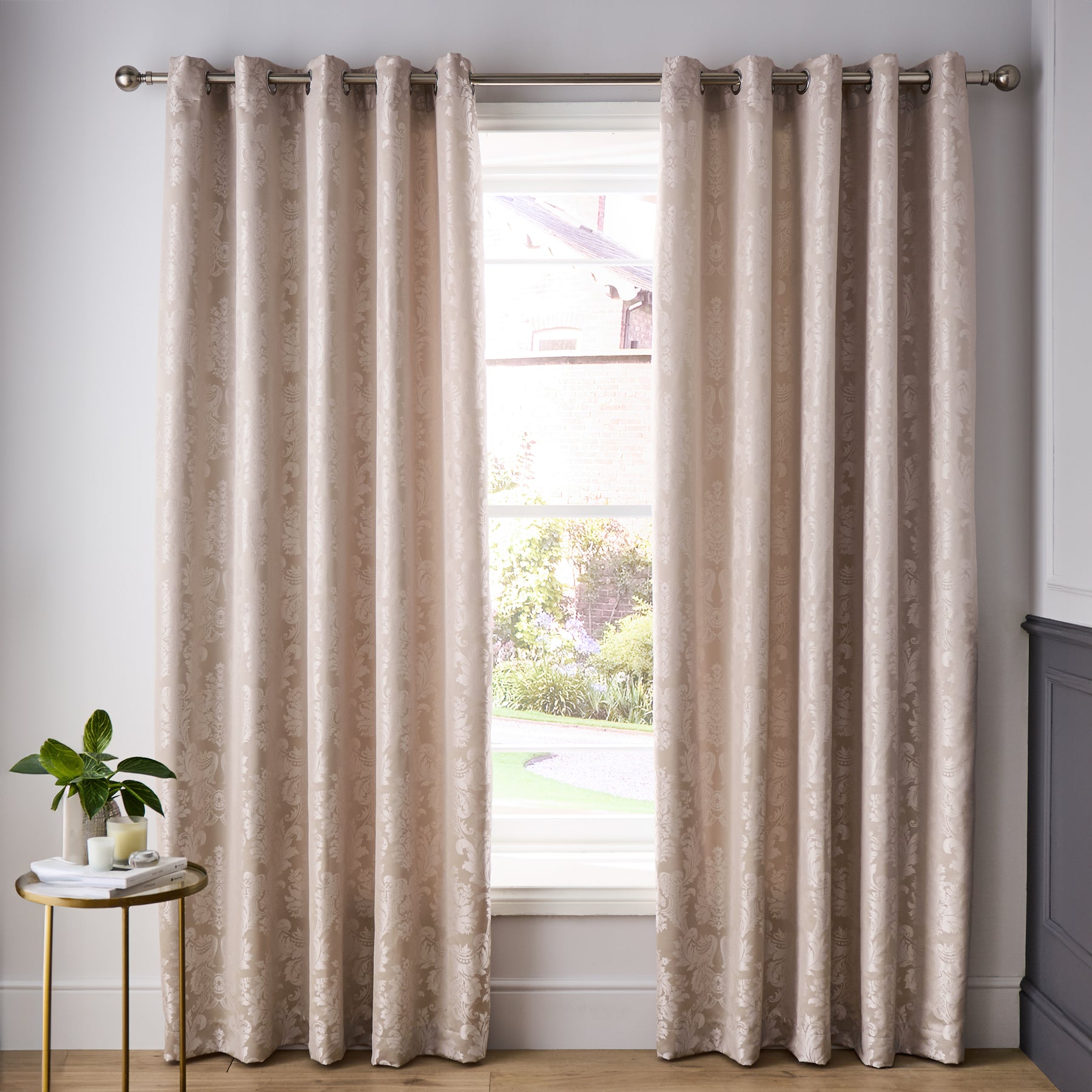 Catherine Lansfield Damask Jacquard Ready Made Eyelet Curtains Champagne