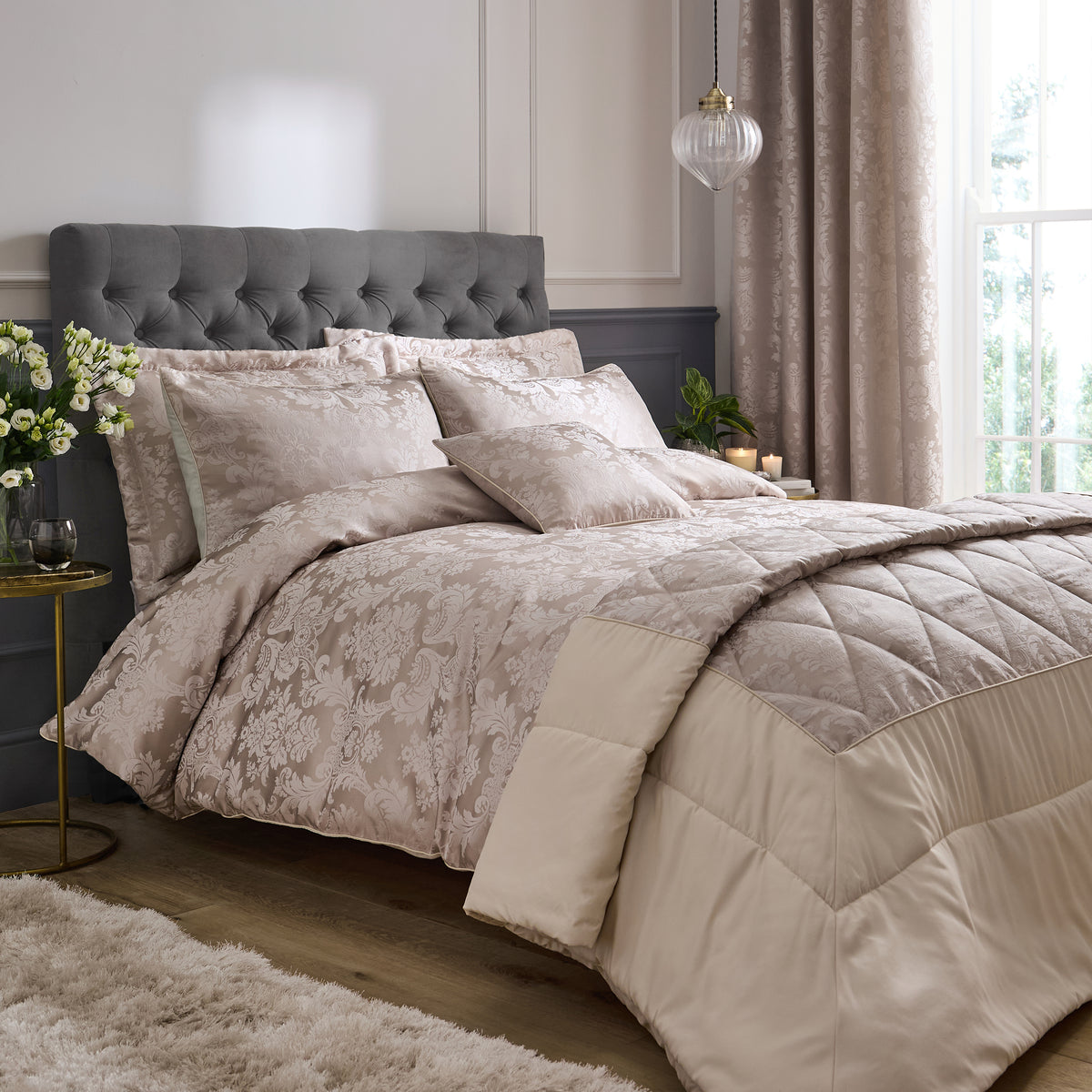 Catherine Lansfield Damask Jacquard Filled Cushion 43cm x 43cm Champagne