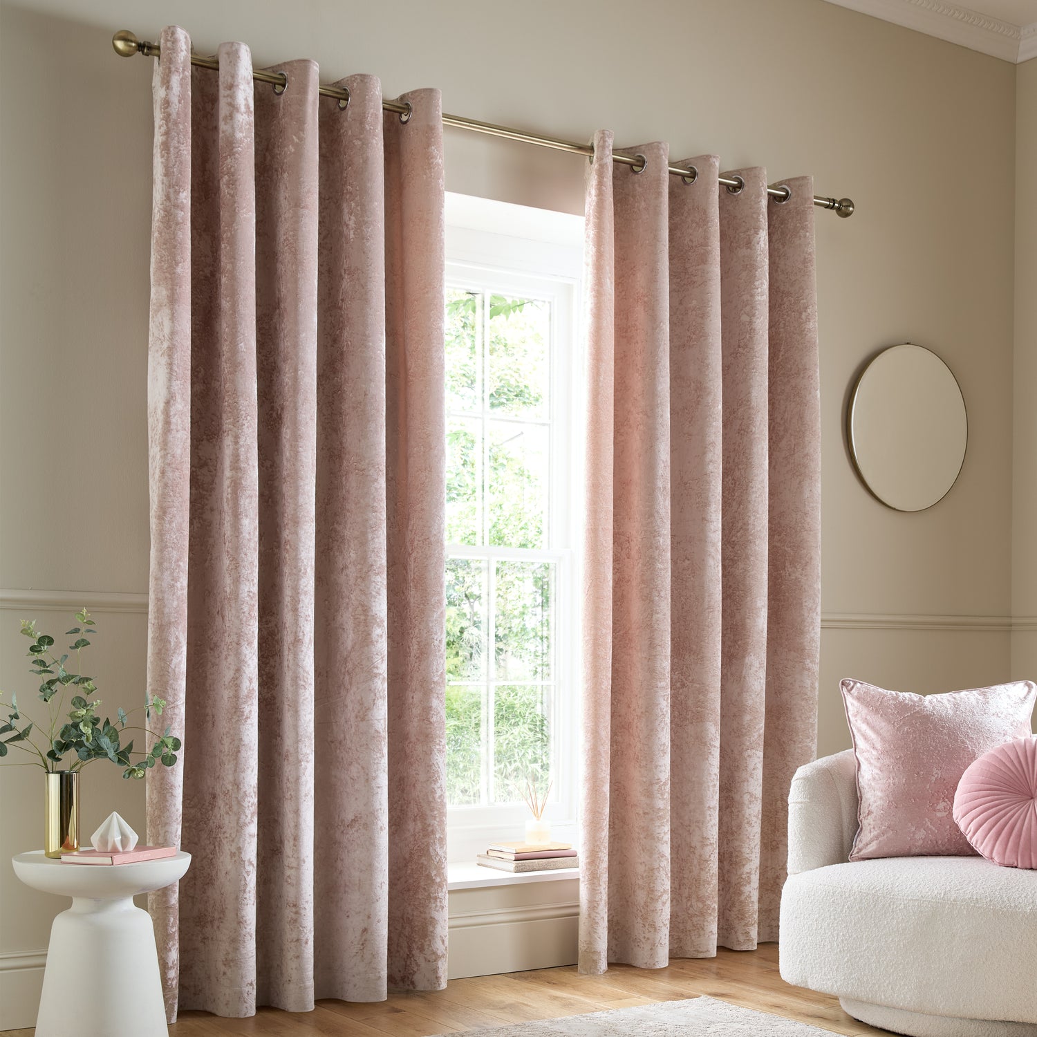 Catherine Lansfield Crushed Velvet Ready Made Eyelet Curtains Blush