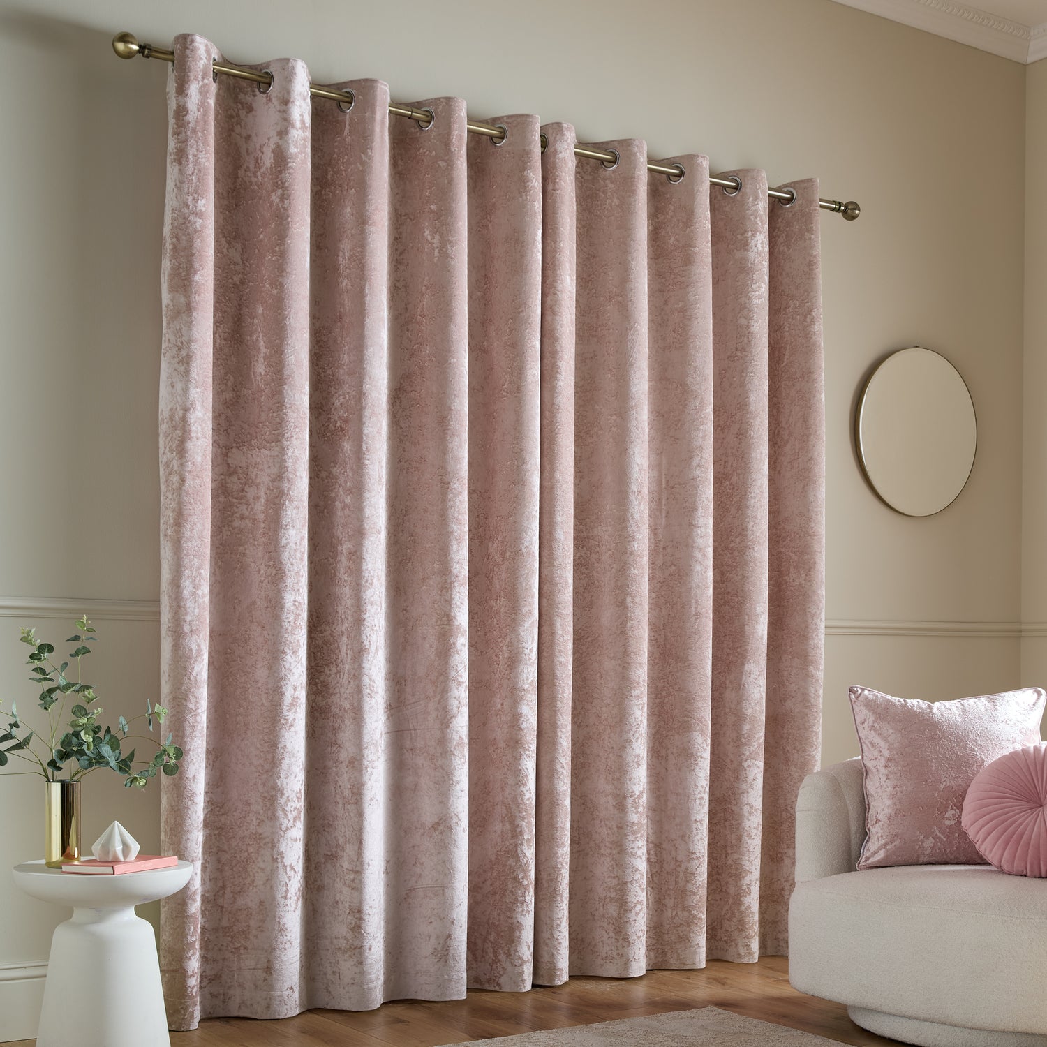 Catherine Lansfield Crushed Velvet Ready Made Eyelet Curtains Blush
