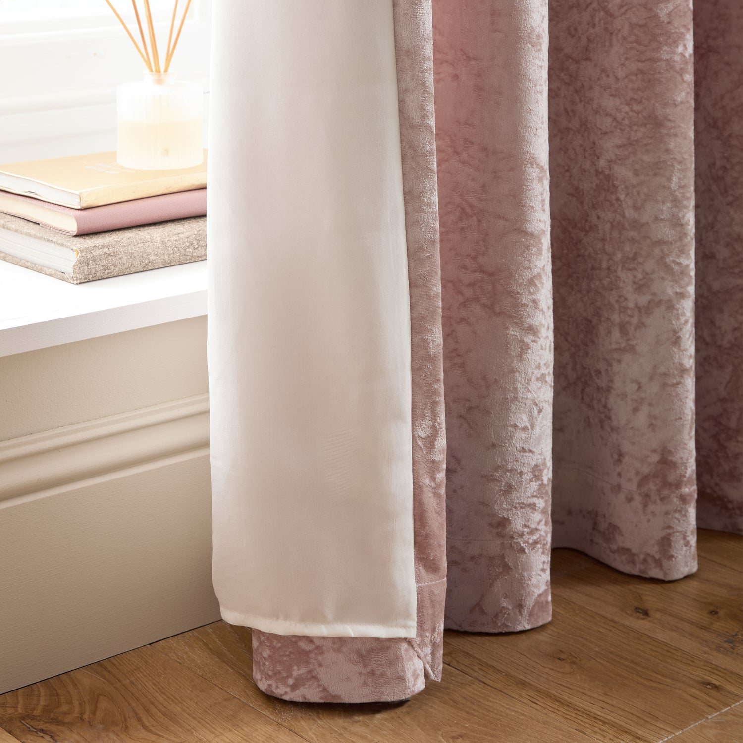 Catherine Lansfield Crushed Velvet Ready Made Eyelet Curtains Blush