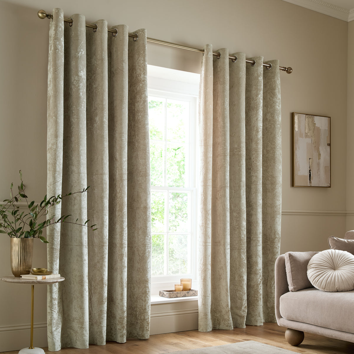 Catherine Lansfield Crushed Velvet Ready Made Eyelet Curtains Natural
