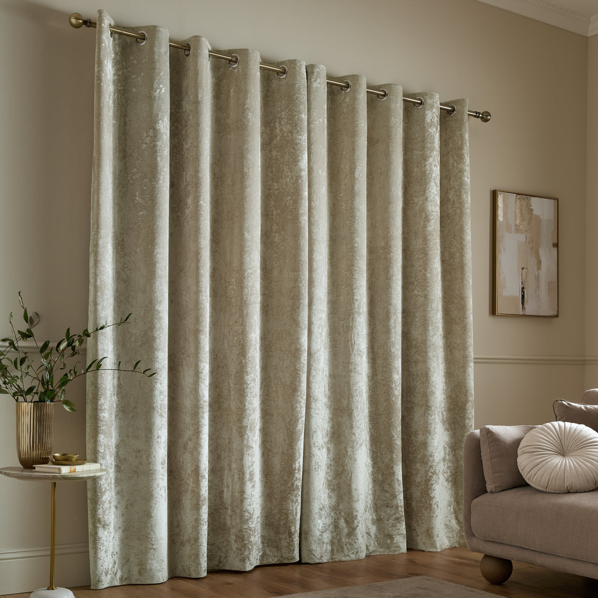 Catherine Lansfield Crushed Velvet Ready Made Eyelet Curtains Natural