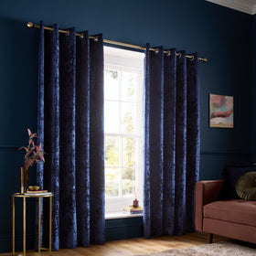 Catherine Lansfield Crushed Velvet Ready Made Eyelet Curtains Navy