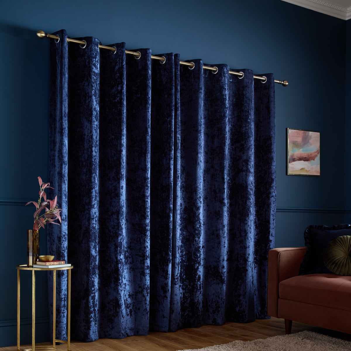 Catherine Lansfield Crushed Velvet Ready Made Eyelet Curtains Navy