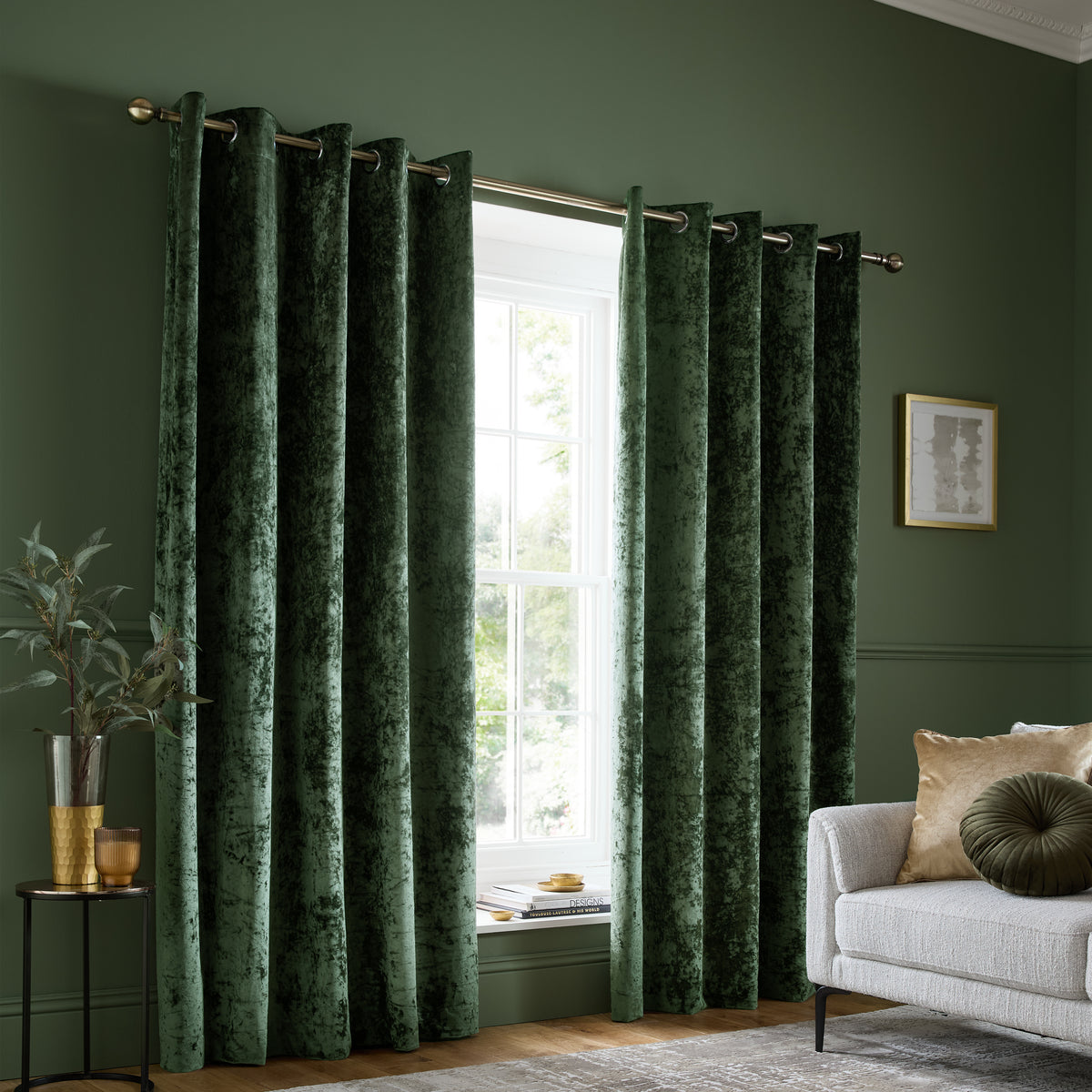 Catherine Lansfield Crushed Velvet Ready Made Eyelet Curtains Olive