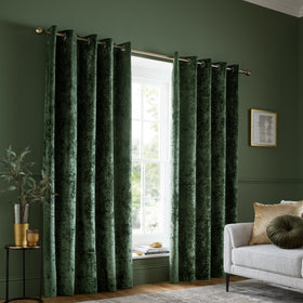 Catherine Lansfield Crushed Velvet Ready Made Eyelet Curtains Olive