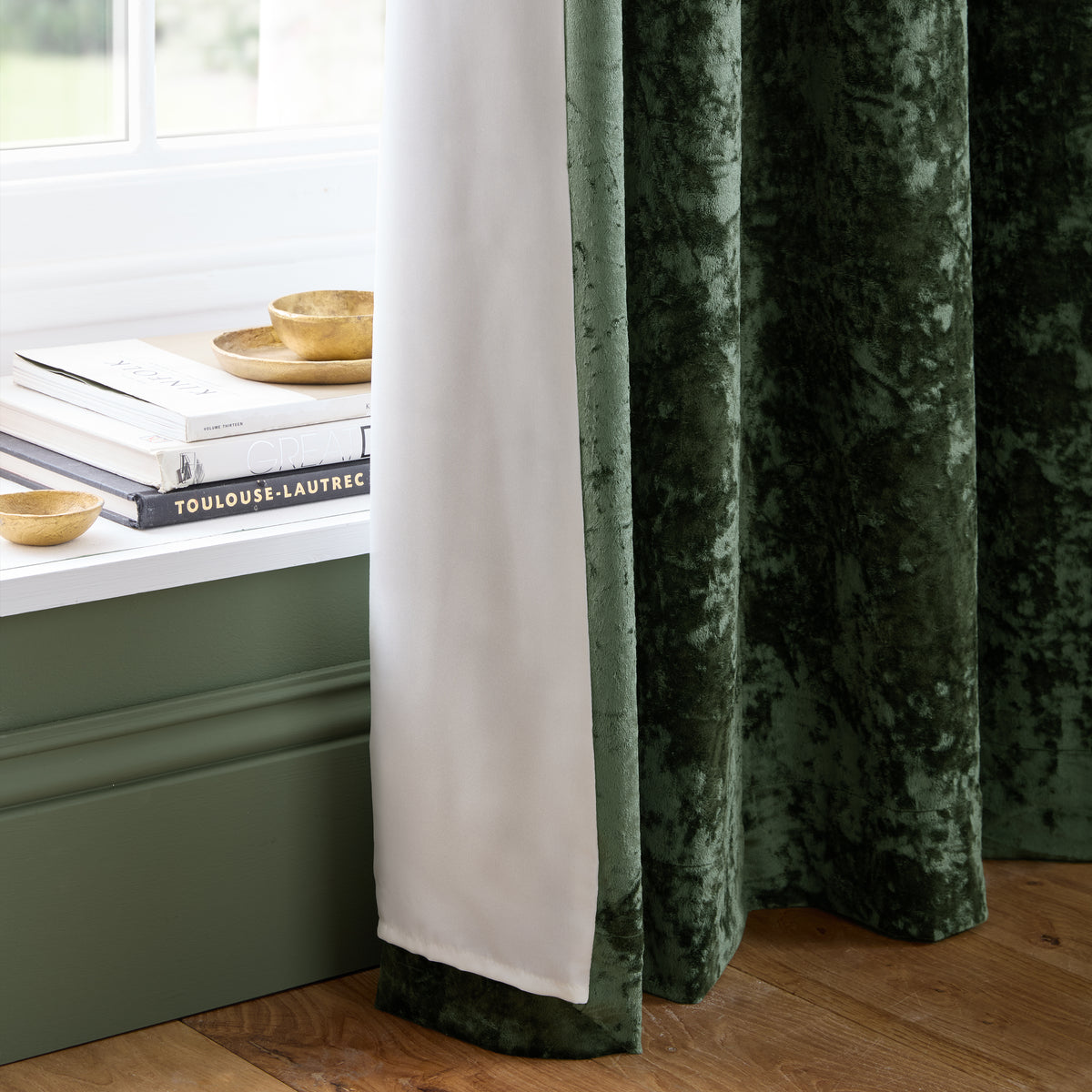 Catherine Lansfield Crushed Velvet Ready Made Eyelet Curtains Olive