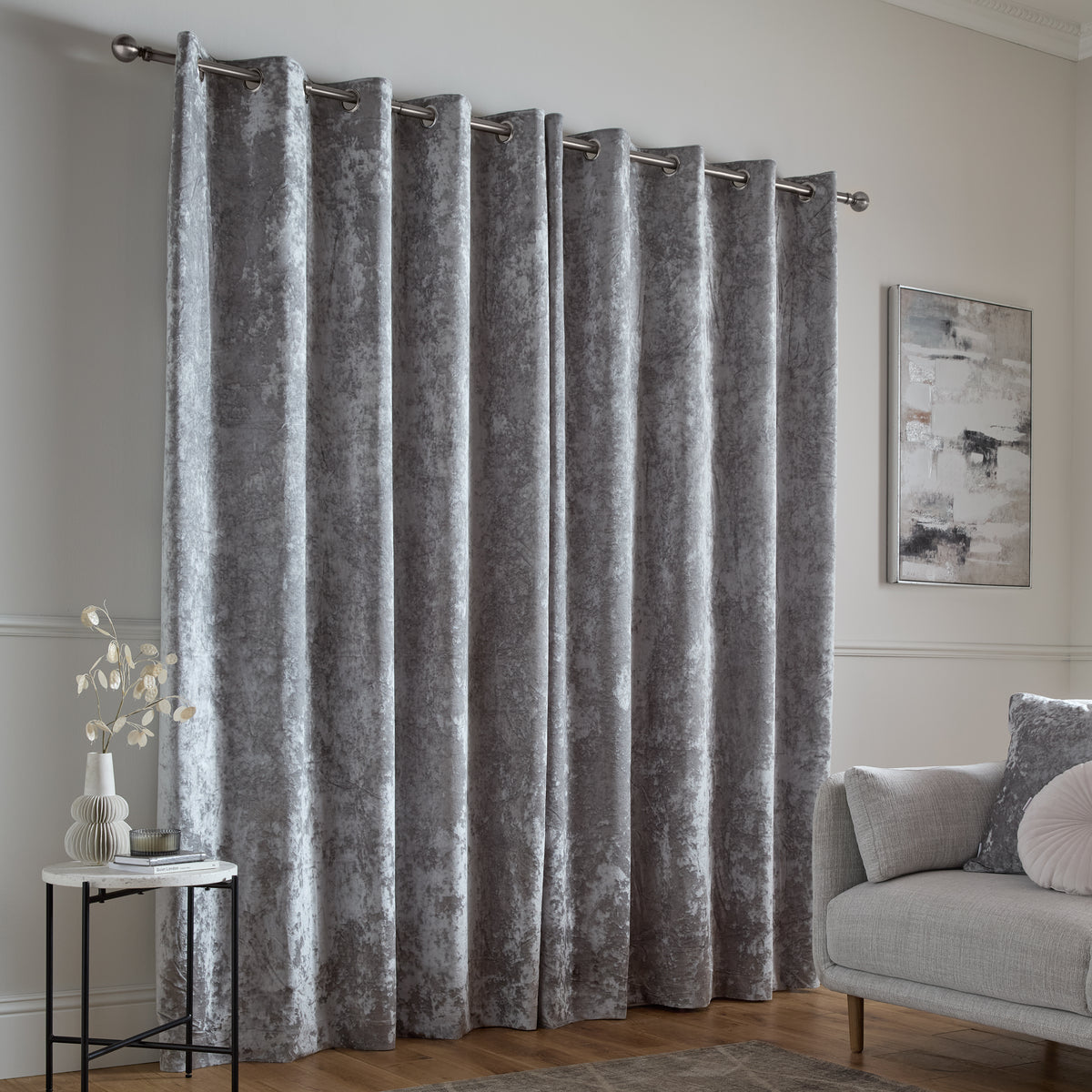 Catherine Lansfield Crushed Velvet Ready Made Eyelet Curtains Silver