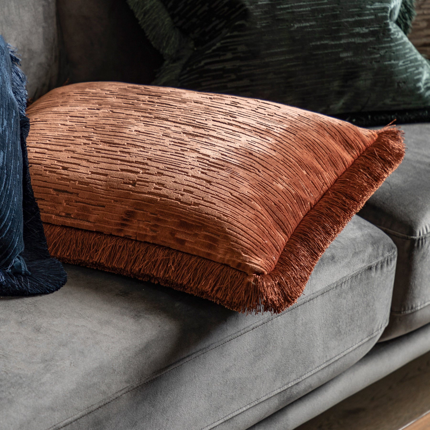 Cut Velvet Fringe 50cm x 50cm Filled Cushion Terracotta