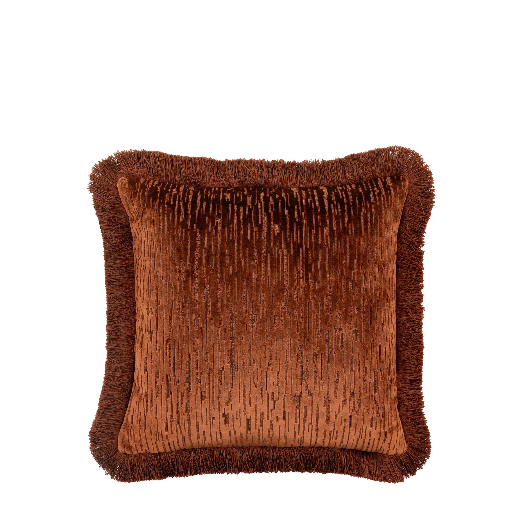 Cut Velvet Fringe 50cm x 50cm Filled Cushion Terracotta