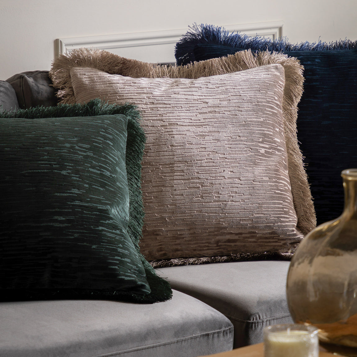 Cut Velvet Fringe 50cm x 50cm Filled Cushion Silver