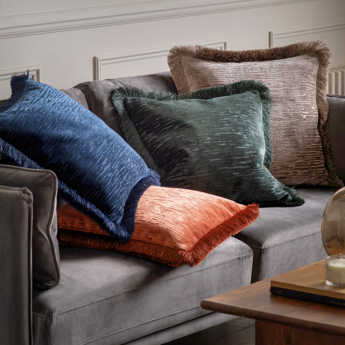 Cut Velvet Fringe 50cm x 50cm Filled Cushion Silver
