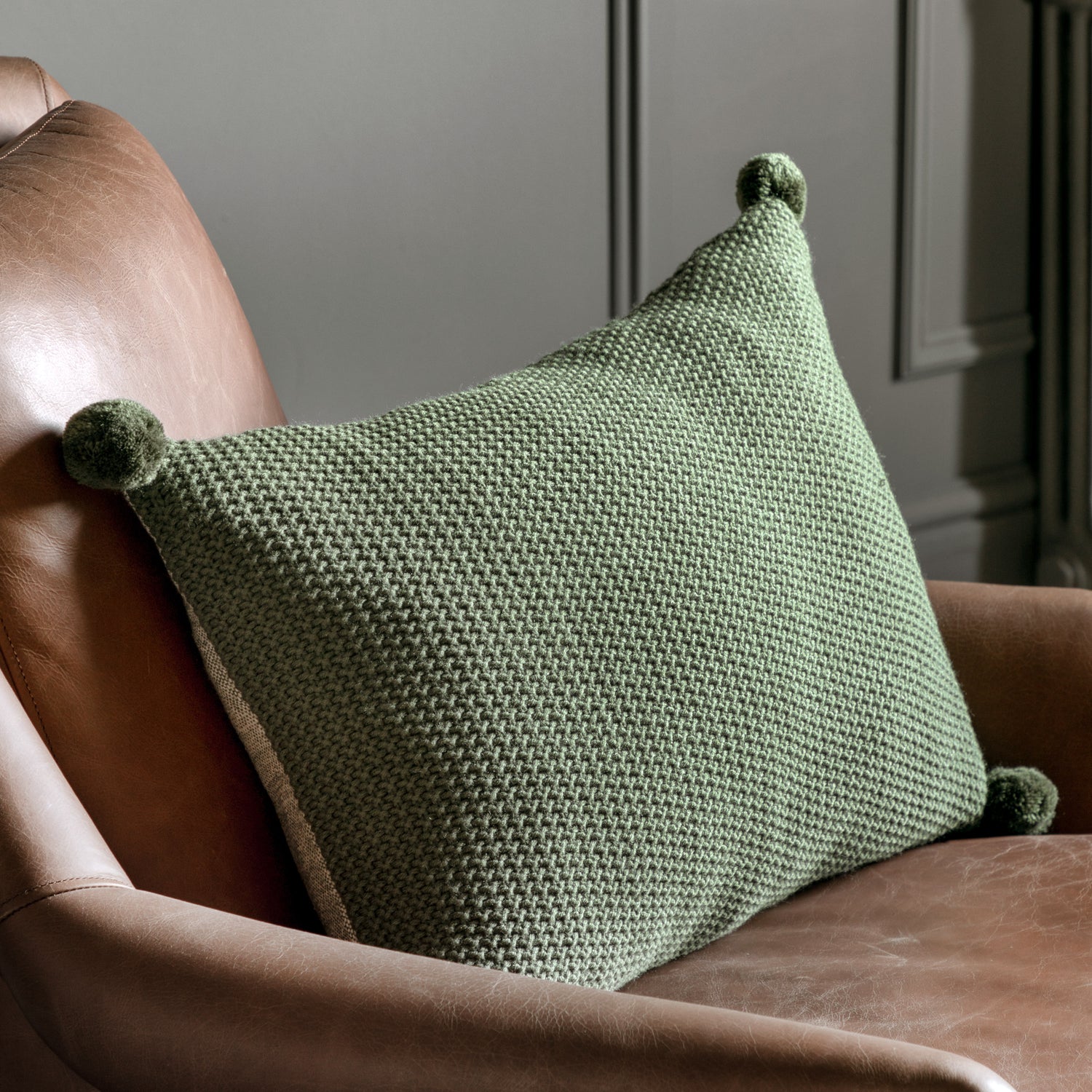 Moss Stitch PomPom 40cm x 60cm Filled Boudoir Olive