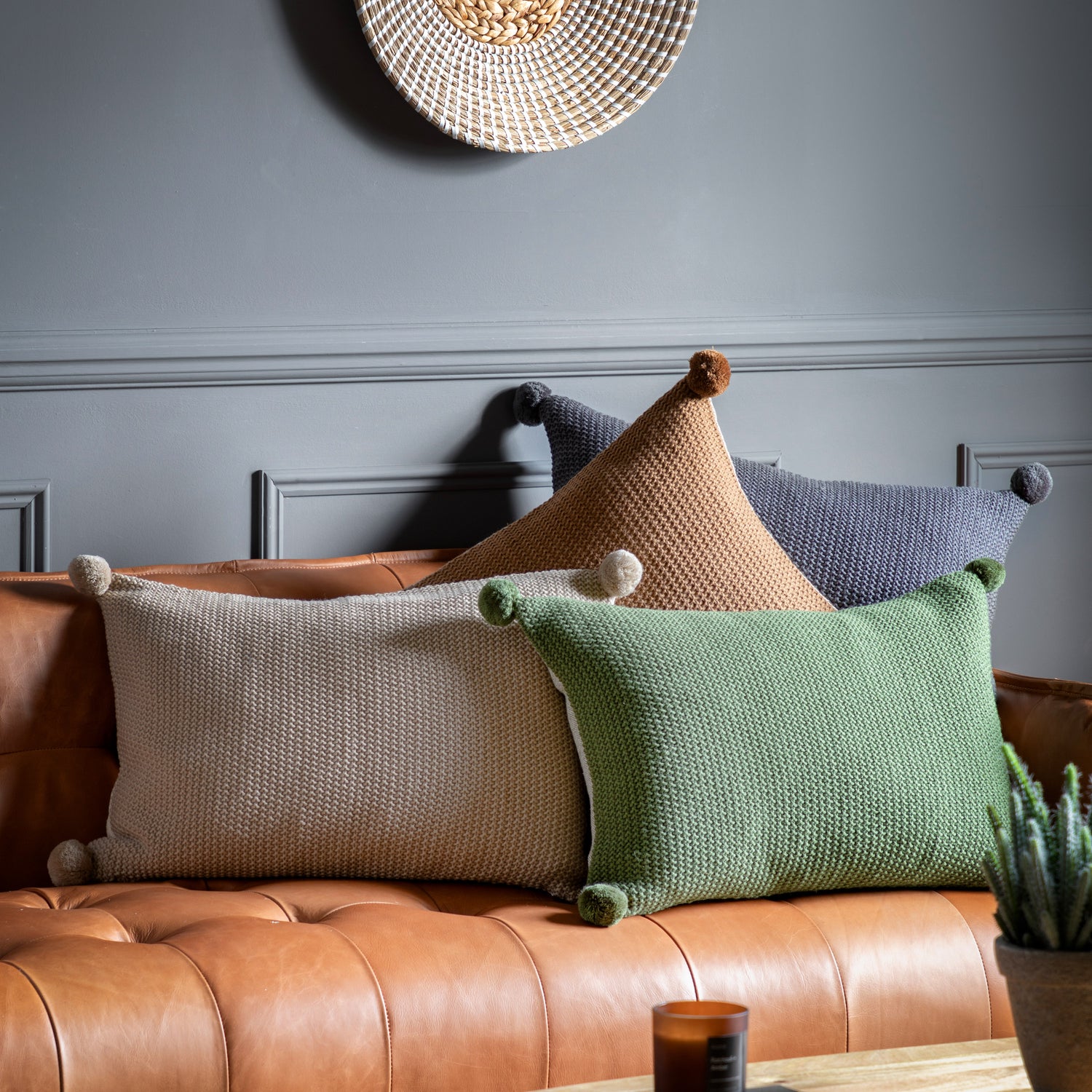 Moss Stitch PomPom 40cm x 60cm Filled Boudoir Olive