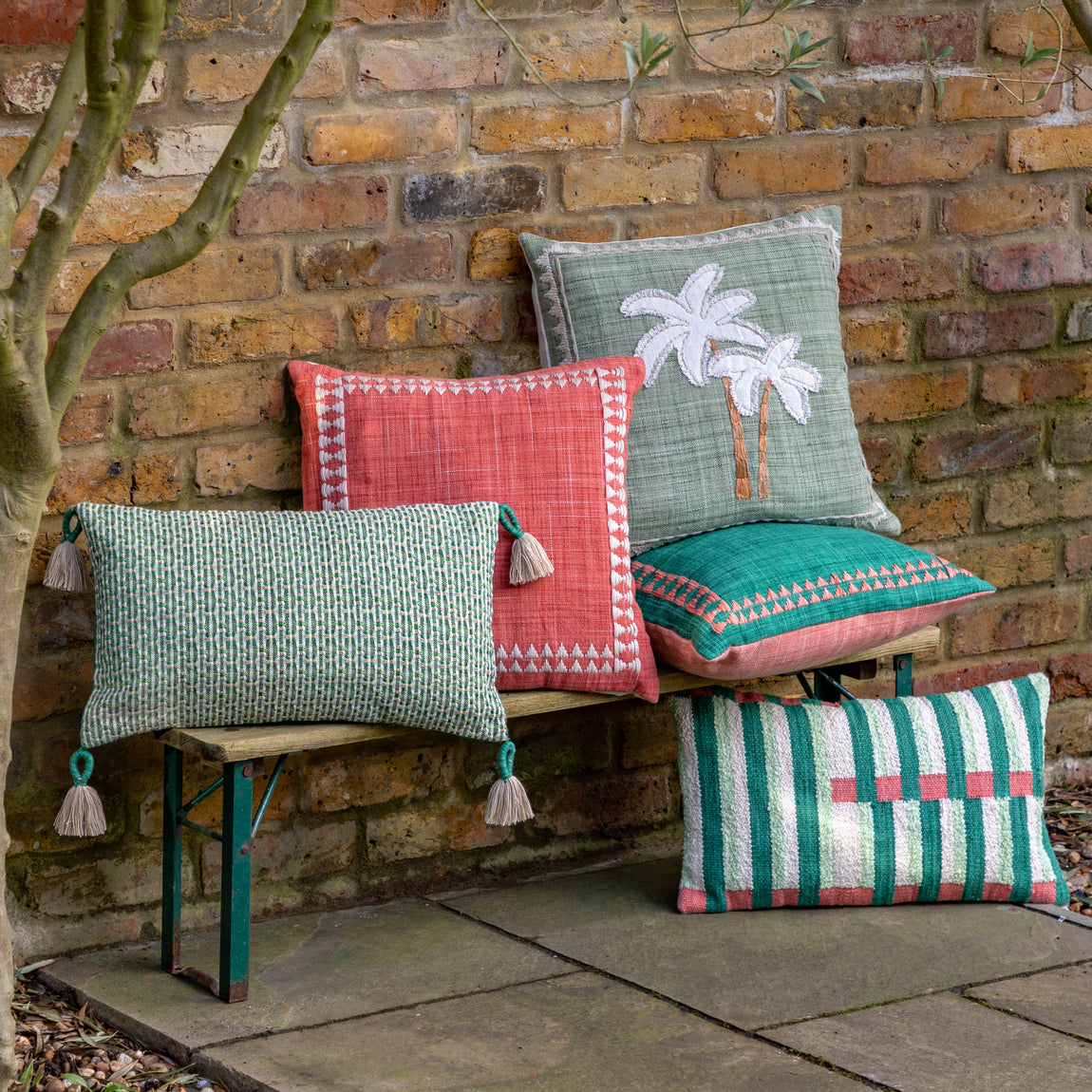 Nohea Embroidered Palm Tree 45cm x 45cm Outdoor Filled Cushion Sage