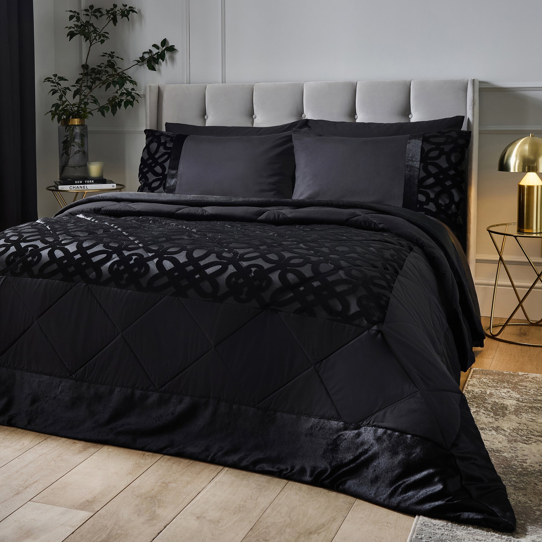 Catherine Lansfield Lattice Cut Velvet 220cm x 230cm Quilted Bedspread Black