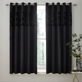 Catherine Lansfield Lattice Cut Velvet Ready Made Eyelet Curtains 66 x 72 Black
