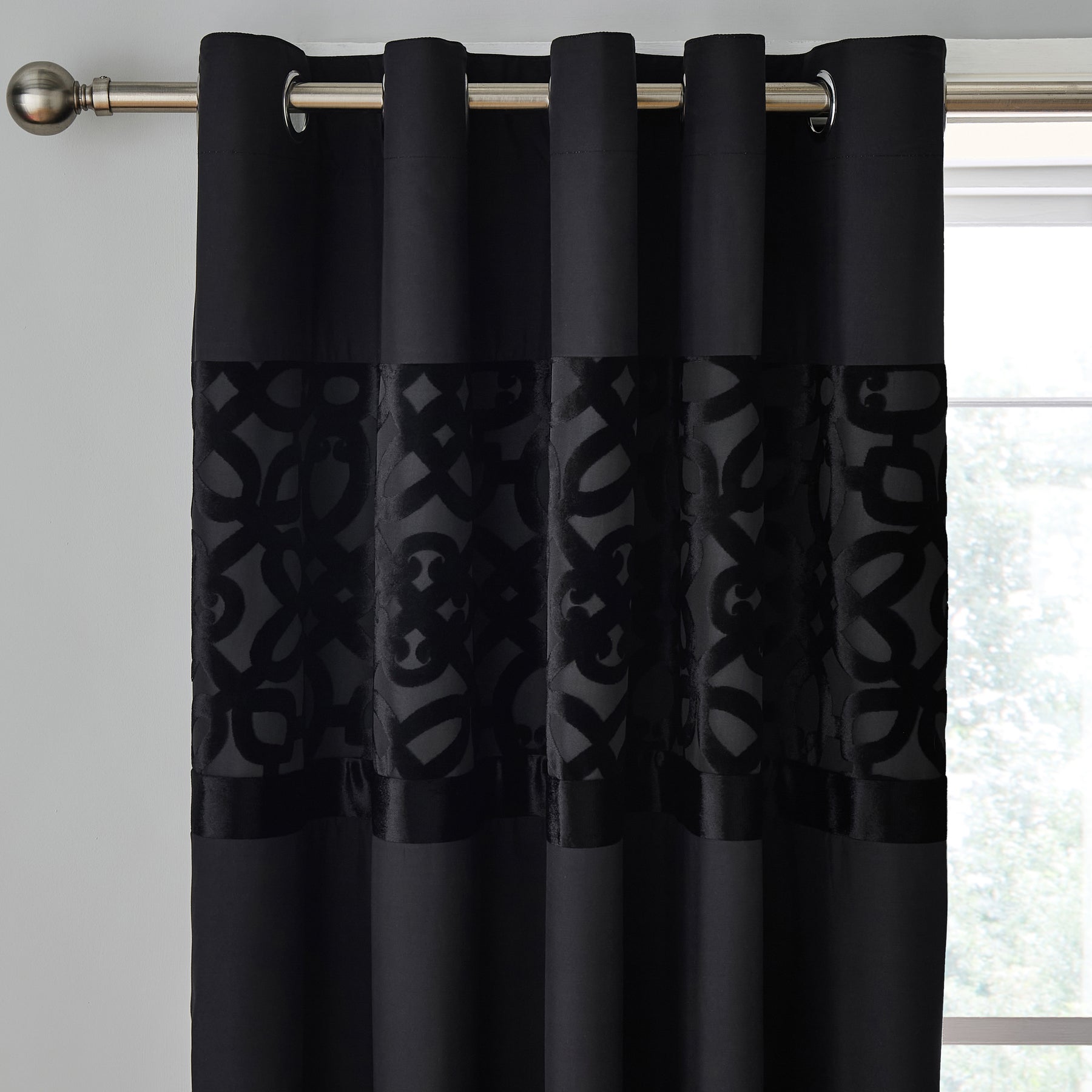 Catherine Lansfield Lattice Cut Velvet Ready Made Eyelet Curtains 66 x 72 Black
