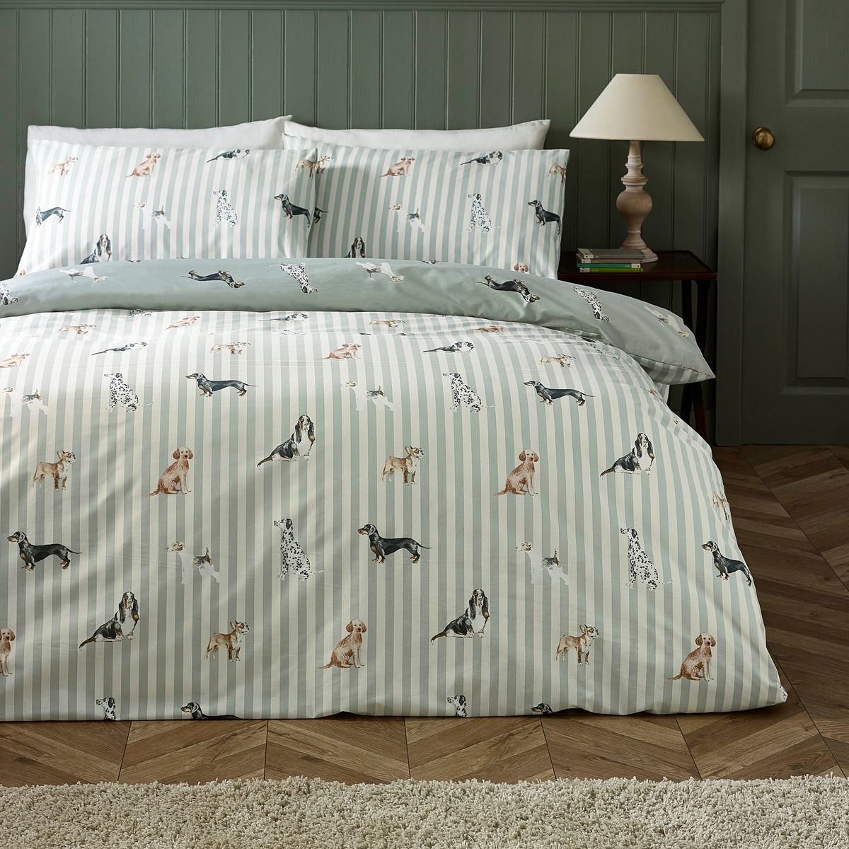 Catherine Lansfield Dog Stripe Duvet Cover Bedding Set Green