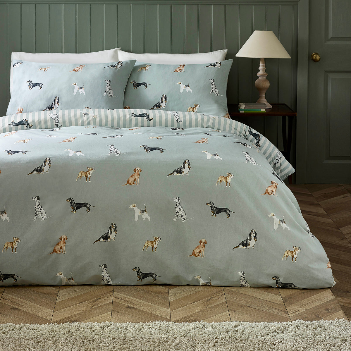 Catherine Lansfield Dog Stripe Duvet Cover Bedding Set Green