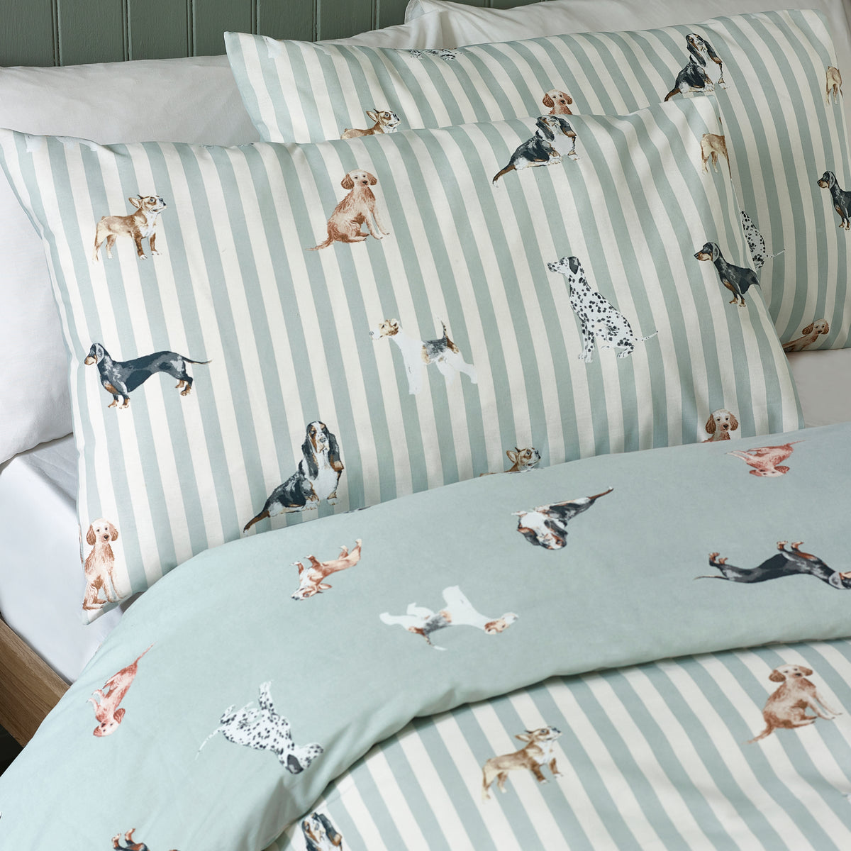 Catherine Lansfield Dog Stripe Duvet Cover Bedding Set Green