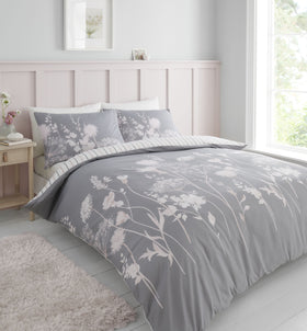 Catherine Lansfield Meadowsweet Floral Duvet Cover Bedding Set Pink Grey