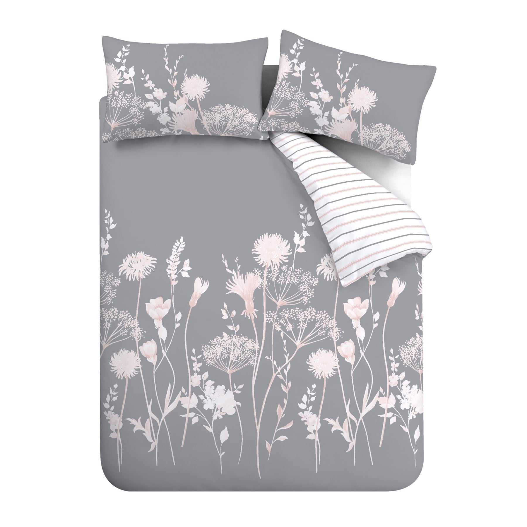 Catherine Lansfield Meadowsweet Floral Duvet Cover Bedding Set Pink Grey