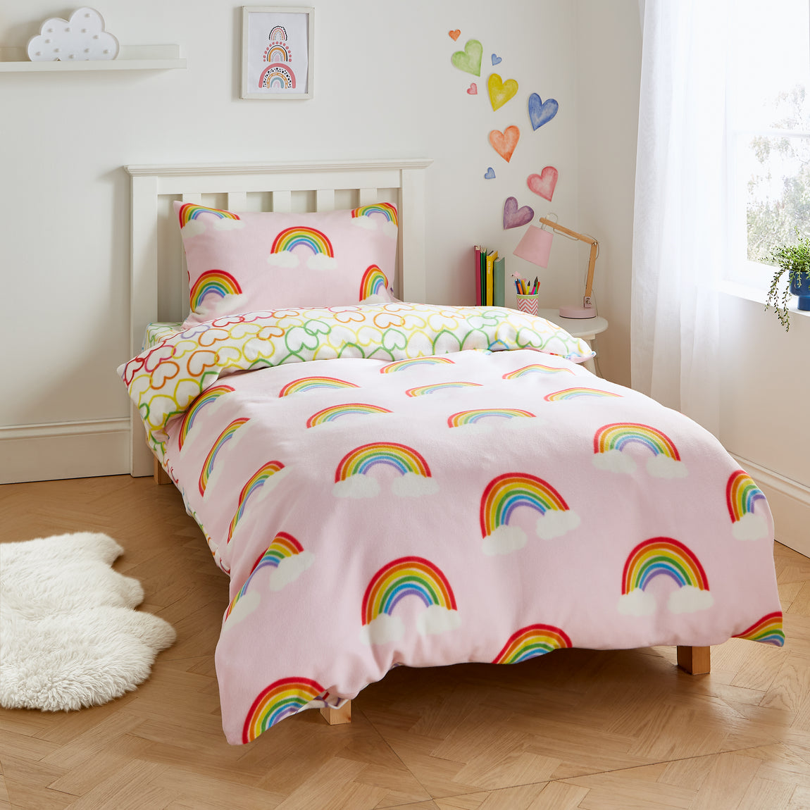 Catherine Lansfield Rainbow Hearts Cosy Fleece Duvet Cover Bedding Set Pink