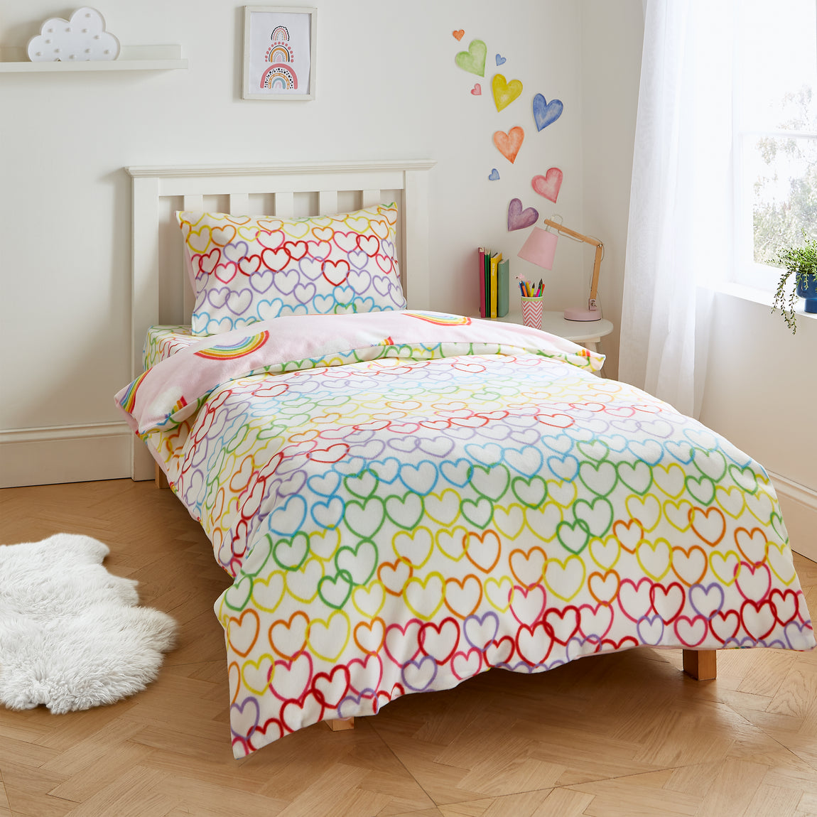 Catherine Lansfield Rainbow Hearts Cosy Fleece Duvet Cover Bedding Set Pink