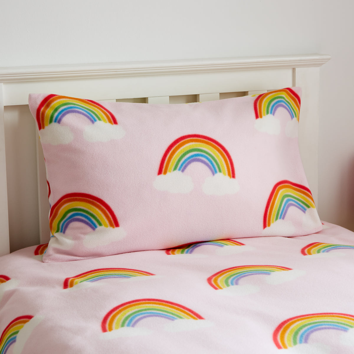 Catherine Lansfield Rainbow Hearts Cosy Fleece Duvet Cover Bedding Set Pink