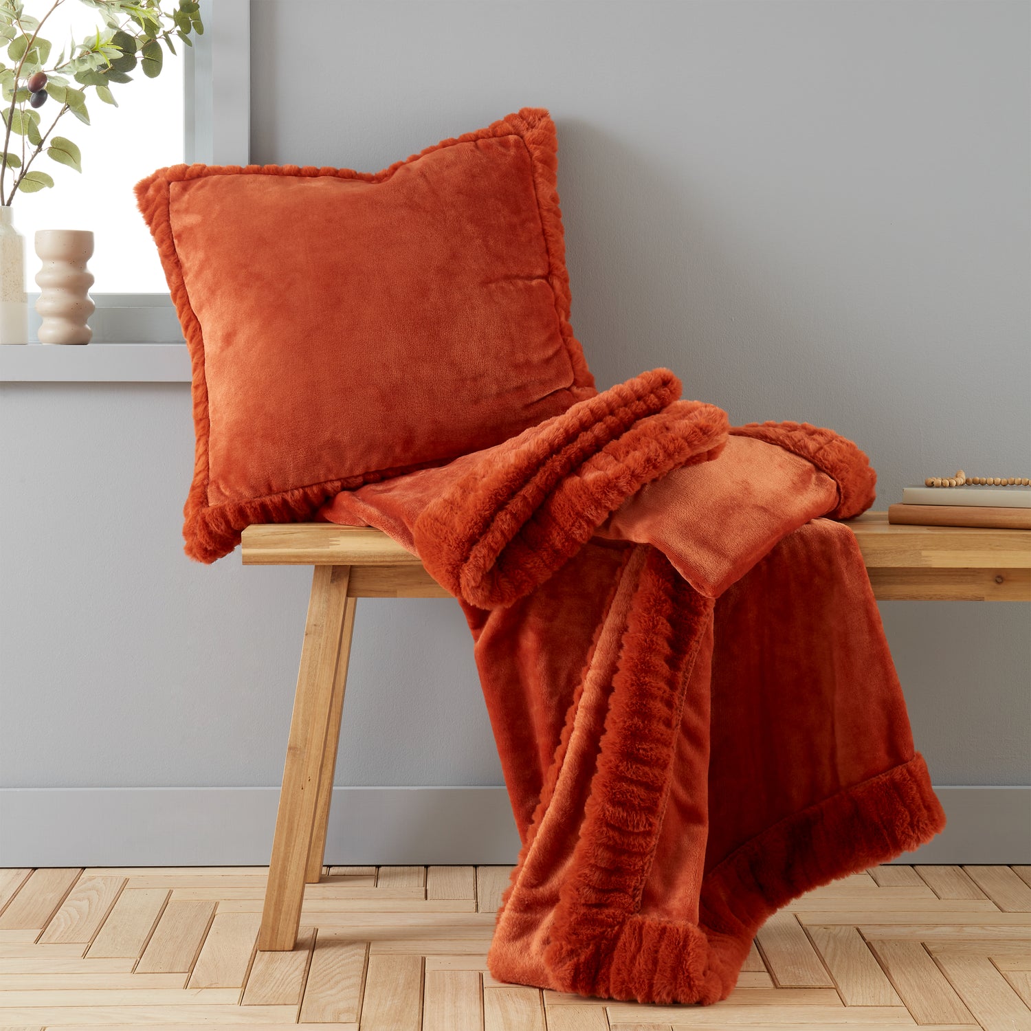 Catherine Lansfield Velvet Faux Fur Filled Cushion 55cm x 55cm Burnt Orange