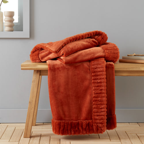 Catherine Lansfield Velvet and Faux Fur 150cmx200cm Throw Burnt Orange