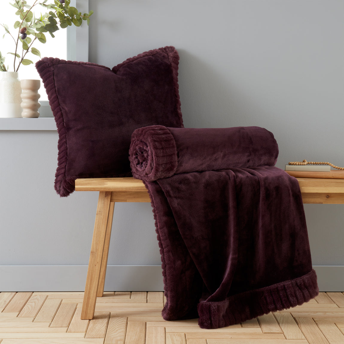 Catherine Lansfield Velvet Faux Fur Filled Cushion 55cm x 55cm Plum